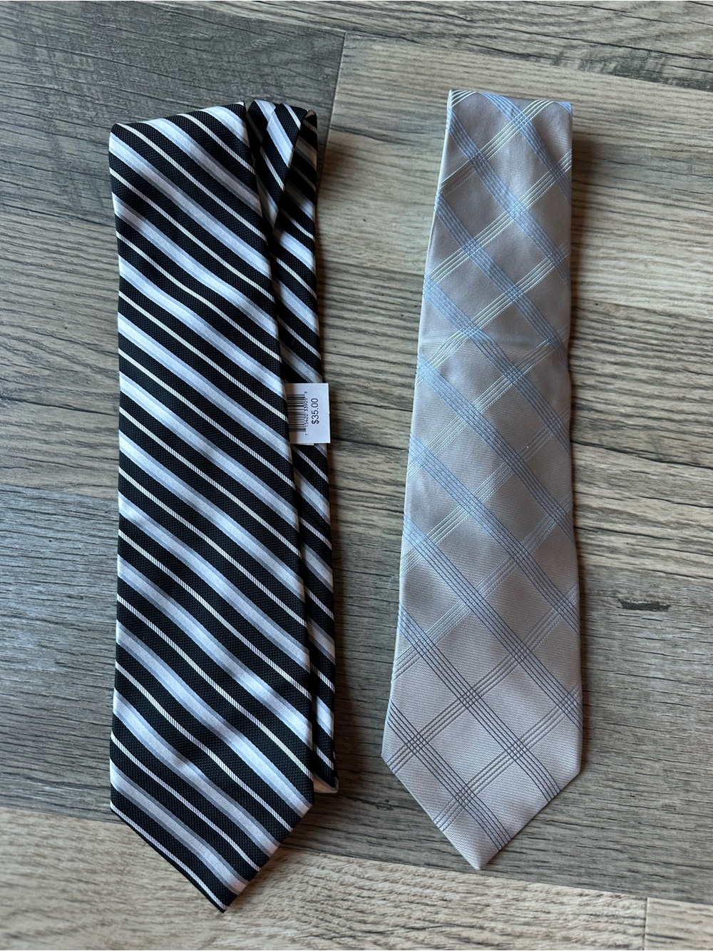 Classic Black & White Striped Tie and Light Gray Plaid Tie Set